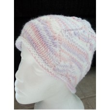 Hand knitted elegant lace pattern beanie/hat   white with lavender/pink  eb-95558751
